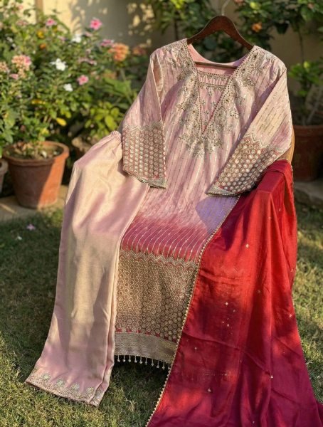 Classy Peach Chinnon Kurta Pant Set with Sequins Work for Women Ready To Wear Collection