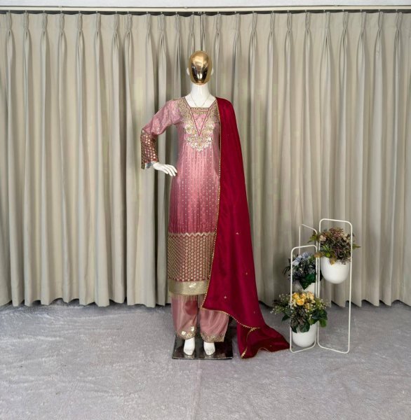 Classy Peach Chinnon Kurta Pant Set with Sequins Work for Women Ready To Wear Collection