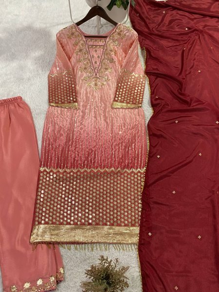 Classy Peach Chinnon Kurta Pant Set with Sequins Work for Women Ready To Wear Collection