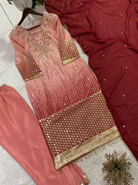 Classy Peach Chinnon Kurta Pant Set with Sequins Work for Women Ready To Wear Collection