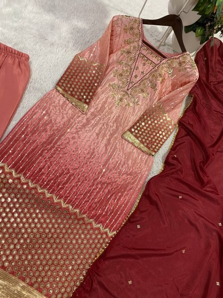 Classy Peach Chinnon Kurta Pant Set with Sequins Work for Women Ready To Wear Collection