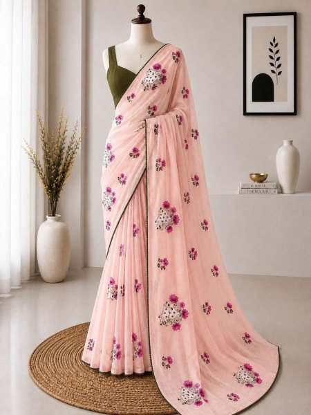 Classy Peach Kota Checks Saree with Beautiful Multicolor Embroidery and Pom Pom Border Sarees 