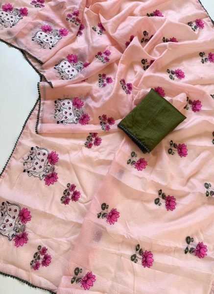 Classy Peach Kota Checks Saree with Beautiful Multicolor Embroidery and Pom Pom Border Embroidery Sarees Wholesale