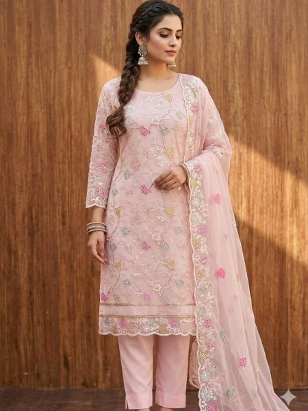 Classy Peach Organza Silk Dress Material with Embroidered Top and Crepe Bottom 