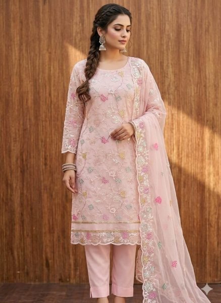 Classy Peach Organza Silk Dress Material with Embroidered Top and Crepe Bottom Color Set Matching Dress Material Wholesale
