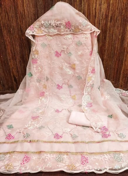 Classy Peach Organza Silk Dress Material with Embroidered Top and Crepe Bottom Color Set Matching Dress Material Wholesale