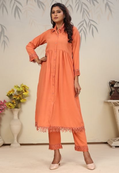 Classy Peach Rinkal Cotton Kurti Pant Set for Daily Wear Women Cotton Kurtis Wholesale