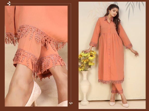 Classy Peach Rinkal Cotton Kurti Pant Set for Daily Wear Women Cotton Kurtis Wholesale