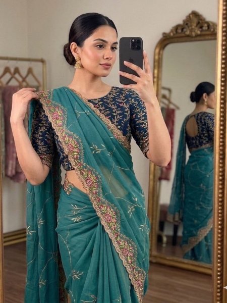 Classy Peacock Blue Soft Tissue Saree with Scalloped Embroidery Border Sarees 