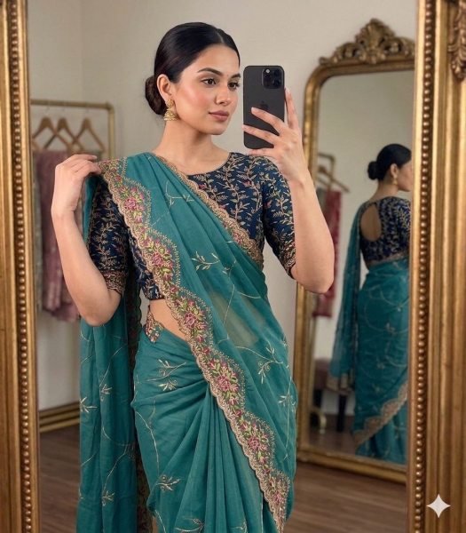 Classy Peacock Blue Soft Tissue Saree with Scalloped Embroidery Border Embroidery Sarees Wholesale