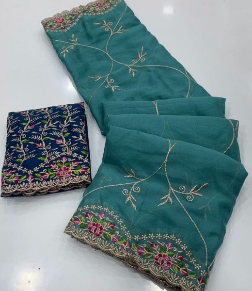 Classy Peacock Blue Soft Tissue Saree with Scalloped Embroidery Border Embroidery Sarees Wholesale