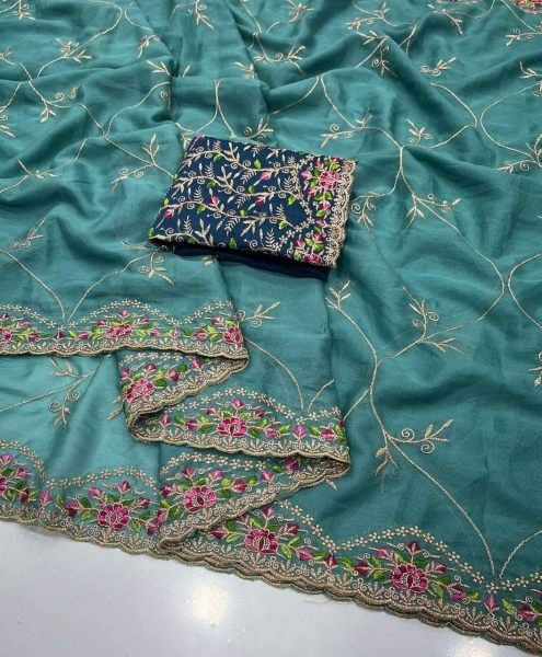 Classy Peacock Blue Soft Tissue Saree with Scalloped Embroidery Border Embroidery Sarees Wholesale