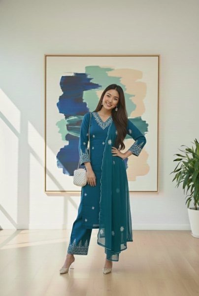 Classy Peacock Green Rayon Cotton Kurta Set with Net Dupatta for Women  Straight Cut Long Kurtis