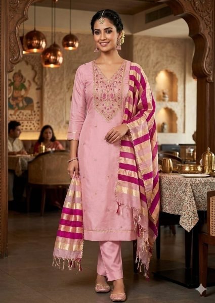 Classy Pink Roman Silk Salwar Suit with Premium Cording Work for Festive Wear Punjabi Dress Materials Wholesale