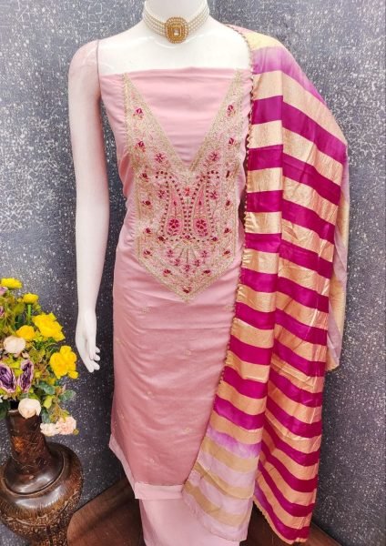 Classy Pink Roman Silk Salwar Suit with Premium Cording Work for Festive Wear Punjabi Dress Materials Wholesale