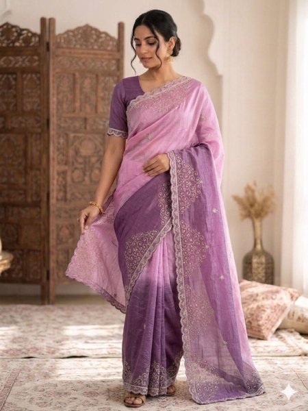 Classy Purple Gold Crush Saree with Embroidered Blouse for Party Wear Embroidery Sarees Wholesale