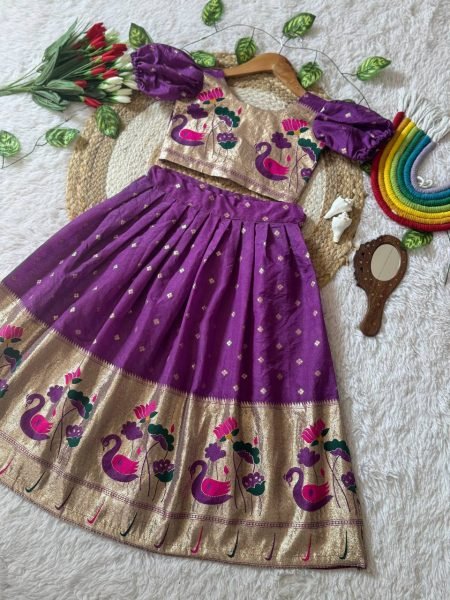 Classy Purple Kids Silk Lehenga Choli with Zari Weaving for Festive Wear Girls Wear