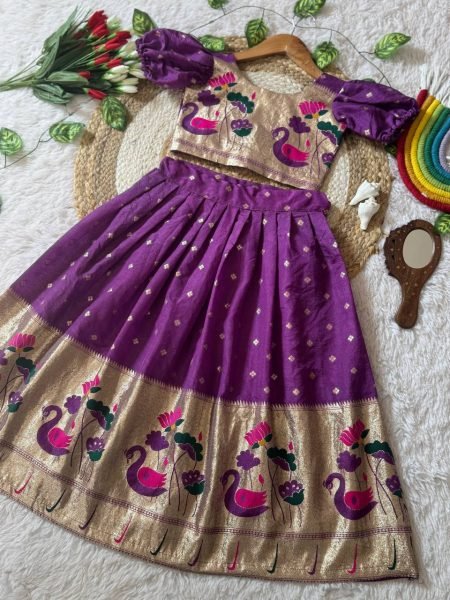 Classy Purple Kids Silk Lehenga Choli with Zari Weaving for Festive Wear Girls Wear