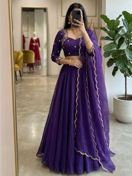 Classy Purple Wedding Special Violet Wine Lehenga with Heavy Thread Embroidery Work 