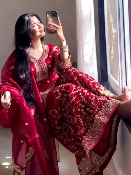Classy Red Color Sequence Embroidery & Coding Dori Work With Moti Hand Work  Sharara Suit Ready To Wear Suit