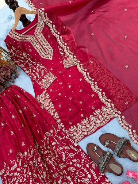 Classy Red Color Sequence Embroidery & Coding Dori Work With Moti Hand Work  Sharara Suit Ready To Wear Collection