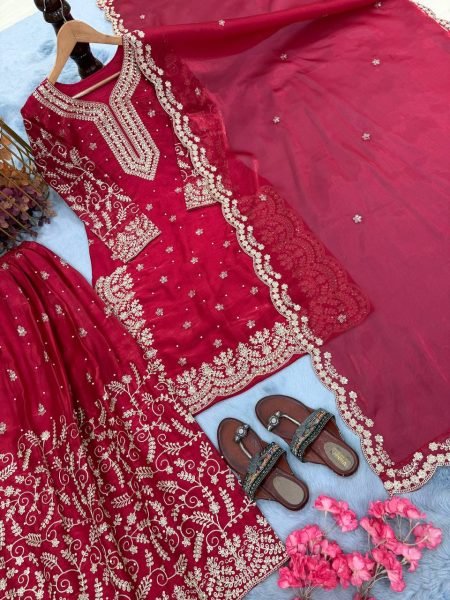 Classy Red Color Sequence Embroidery & Coding Dori Work With Moti Hand Work  Sharara Suit Ready To Wear Collection