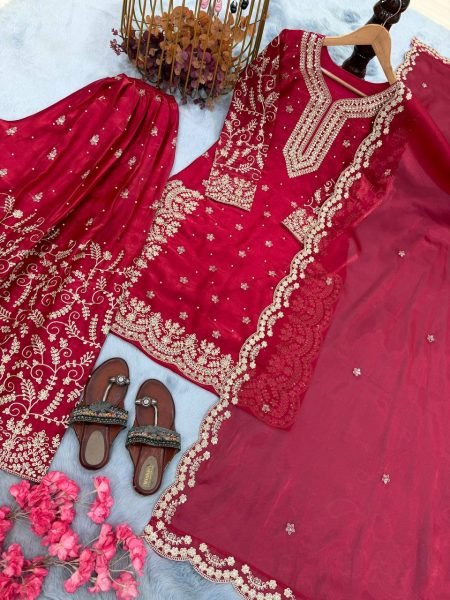 Classy Red Color Sequence Embroidery & Coding Dori Work With Moti Hand Work  Sharara Suit Ready To Wear Collection
