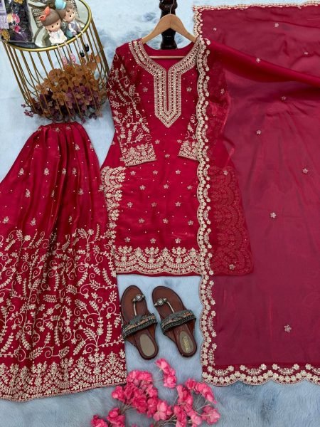 Classy Red Color Sequence Embroidery & Coding Dori Work With Moti Hand Work  Sharara Suit Ready To Wear Collection