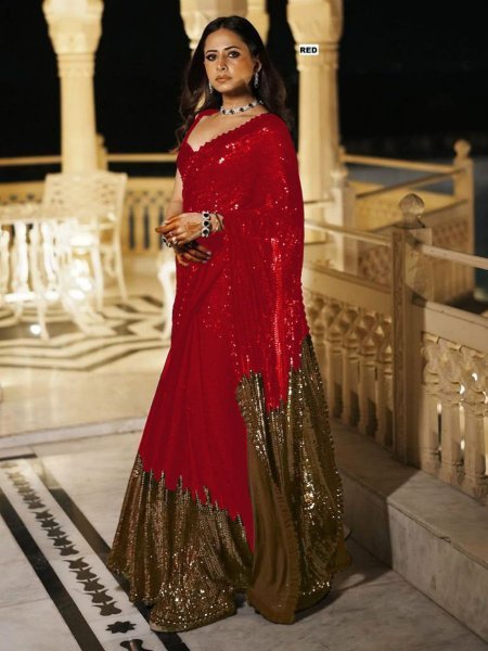 Classy Red Georgette Saree Heavy Bollywood-Style Sequins Embroidery Work Bollywood Fancy Sarees Wholesale