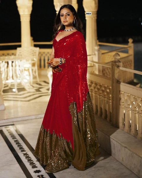Classy Red Georgette Saree Heavy Bollywood-Style Sequins Embroidery Work Bollywood Fancy Sarees Wholesale