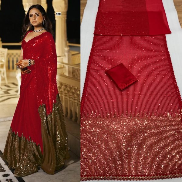 Classy Red Georgette Saree Heavy Bollywood-Style Sequins Embroidery Work Bollywood Fancy Sarees Wholesale