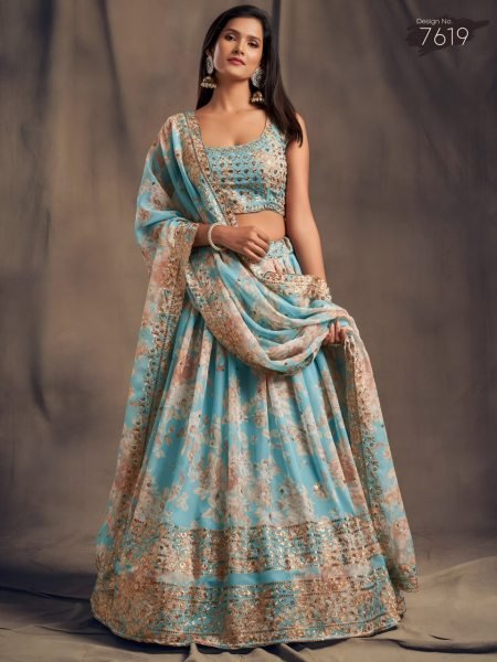 Classy Sky Blue Floral Organza Lehenga Choli with Sequins and Zari Work Designer Lehenga Choli