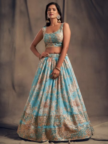 Classy Sky Blue Floral Organza Lehenga Choli with Sequins and Zari Work Designer Lehenga Choli