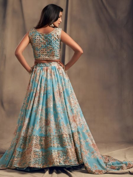 Classy Sky Blue Floral Organza Lehenga Choli with Sequins and Zari Work Designer Lehenga Choli