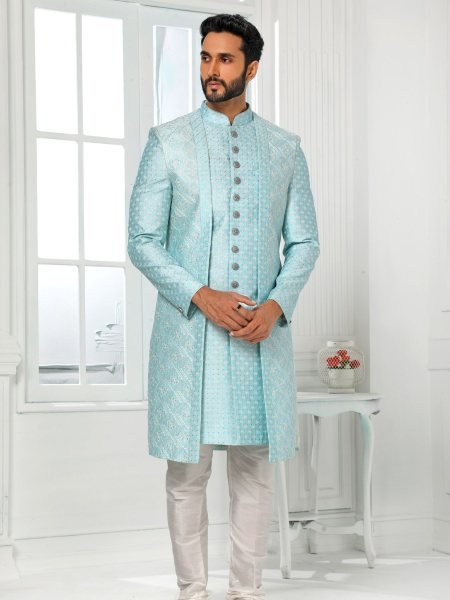 Classy Sky Blue Heavy Embroidered Jacket Set for Men at Best Price for Ethnic Wear Mens Wear