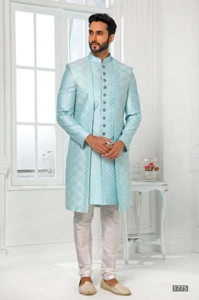 Classy Sky Blue Heavy Embroidered Jacket Set for Men at Best Price for Ethnic Wear Kurta Pajama Wholesale