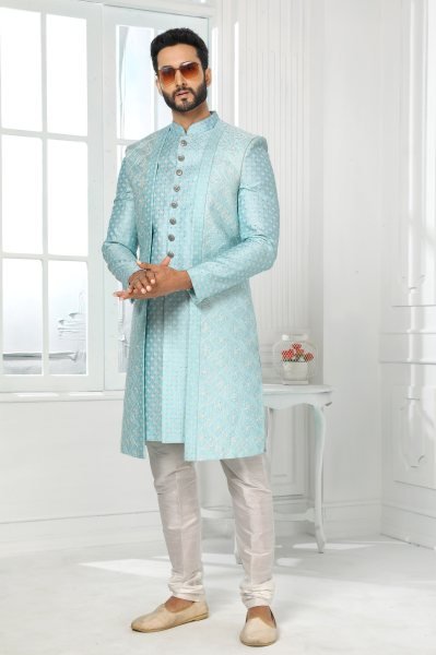 Classy Sky Blue Heavy Embroidered Jacket Set for Men at Best Price for Ethnic Wear Kurta Pajama Wholesale