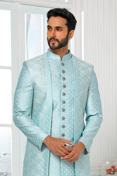 Classy Sky Blue Heavy Embroidered Jacket Set for Men at Best Price for Ethnic Wear Kurta Pajama Wholesale