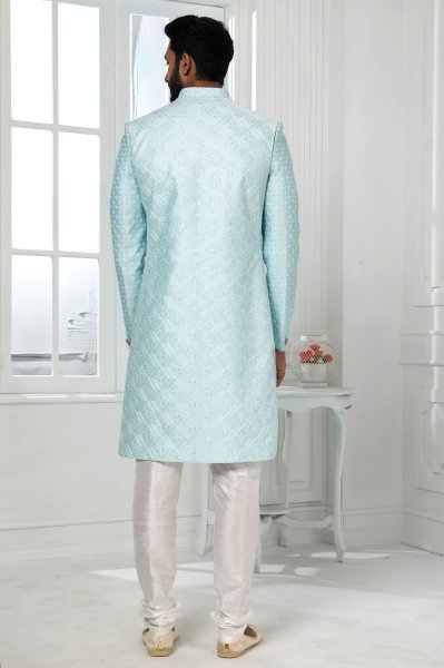Classy Sky Blue Heavy Embroidered Jacket Set for Men at Best Price for Ethnic Wear Kurta Pajama Wholesale