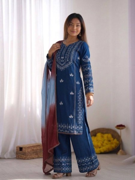 Classy Strong Blue Cotton Designer Top with Embroidery and Farshi Pant with Printed Dupatta Ready To Wear Suit