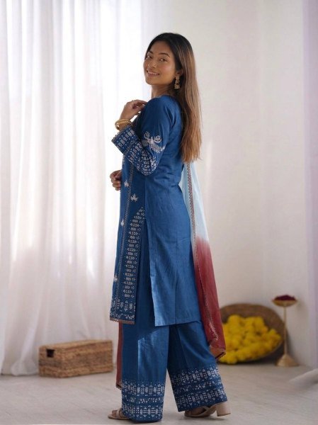 Classy Strong Blue Cotton Designer Top with Embroidery and Farshi Pant with Printed Dupatta Ready To Wear Collection