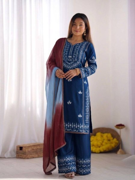 Classy Strong Blue Cotton Designer Top with Embroidery and Farshi Pant with Printed Dupatta Ready To Wear Collection
