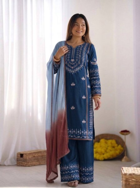 Classy Strong Blue Cotton Designer Top with Embroidery and Farshi Pant with Printed Dupatta Ready To Wear Collection