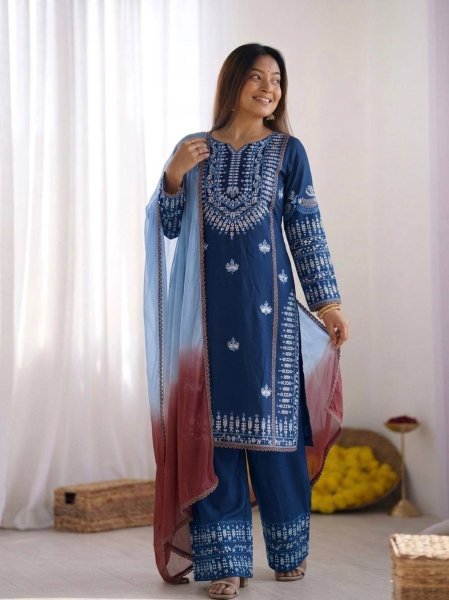 Classy Strong Blue Cotton Designer Top with Embroidery and Farshi Pant with Printed Dupatta Ready To Wear Collection