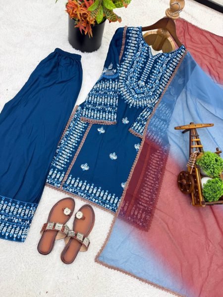 Classy Strong Blue Cotton Designer Top with Embroidery and Farshi Pant with Printed Dupatta Ready To Wear Collection