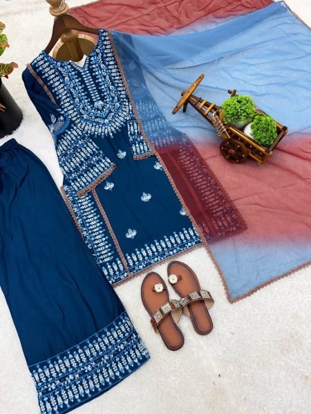 Classy Strong Blue Cotton Designer Top with Embroidery and Farshi Pant with Printed Dupatta Ready To Wear Collection