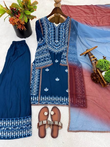 Classy Strong Blue Cotton Designer Top with Embroidery and Farshi Pant with Printed Dupatta Ready To Wear Collection