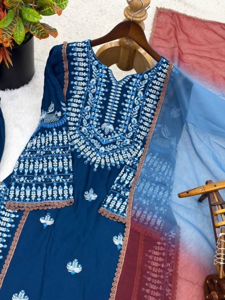 Classy Strong Blue Cotton Designer Top with Embroidery and Farshi Pant with Printed Dupatta Ready To Wear Collection