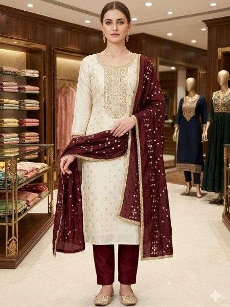 Classy White Banarasi Silk Suit Material with Sequins Work Punjabi Dress Materials Wholesale
