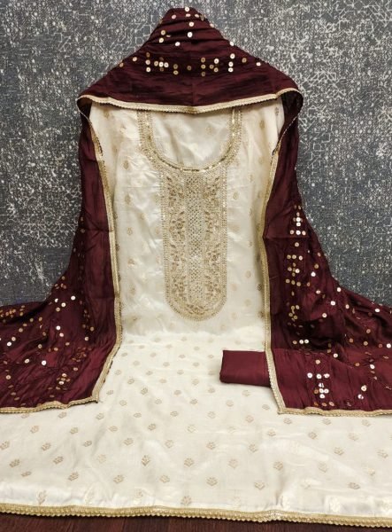 Classy White Banarasi Silk Suit Material with Sequins Work Punjabi Dress Materials Wholesale